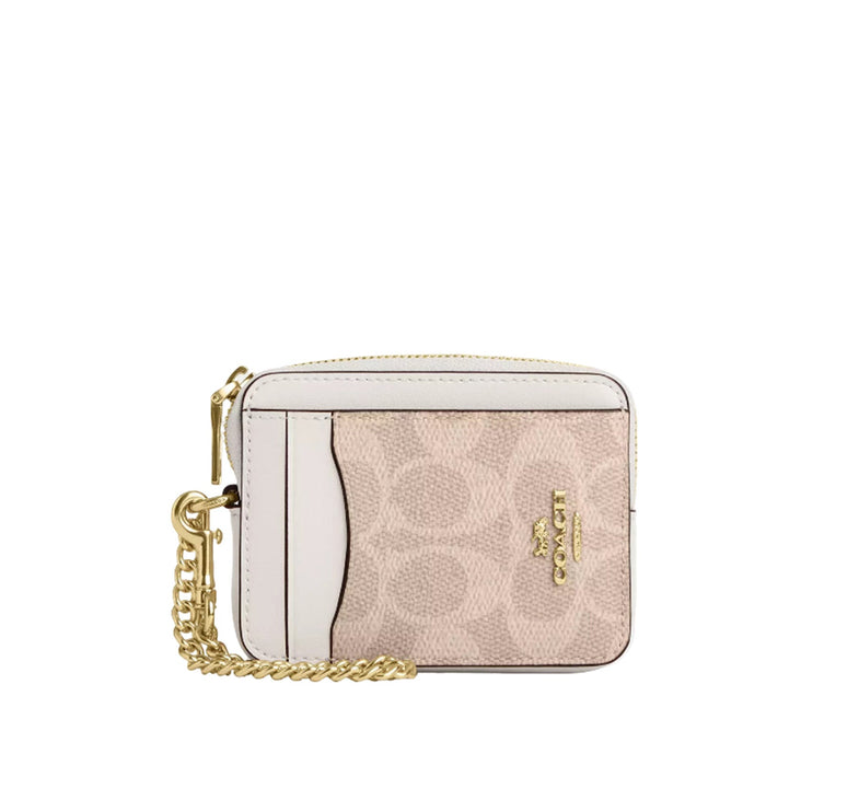 Coach Women's Zip Card Case In Signature Canvas Gold/Sand/Chalk