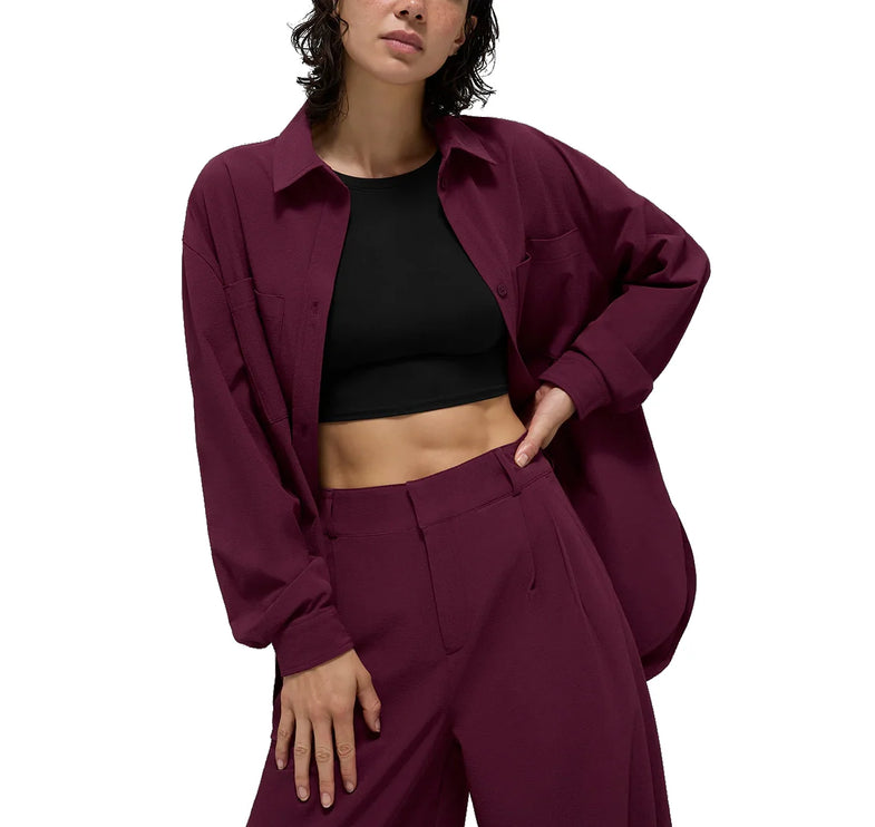 alo Women's Dreamscape Button Down Long Sleeve Burgundy - Hemen Kargoda