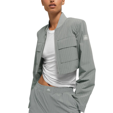 alo Women's Cropped Pinstripe Main Character Full Zip Jacket Lunar Grey/White