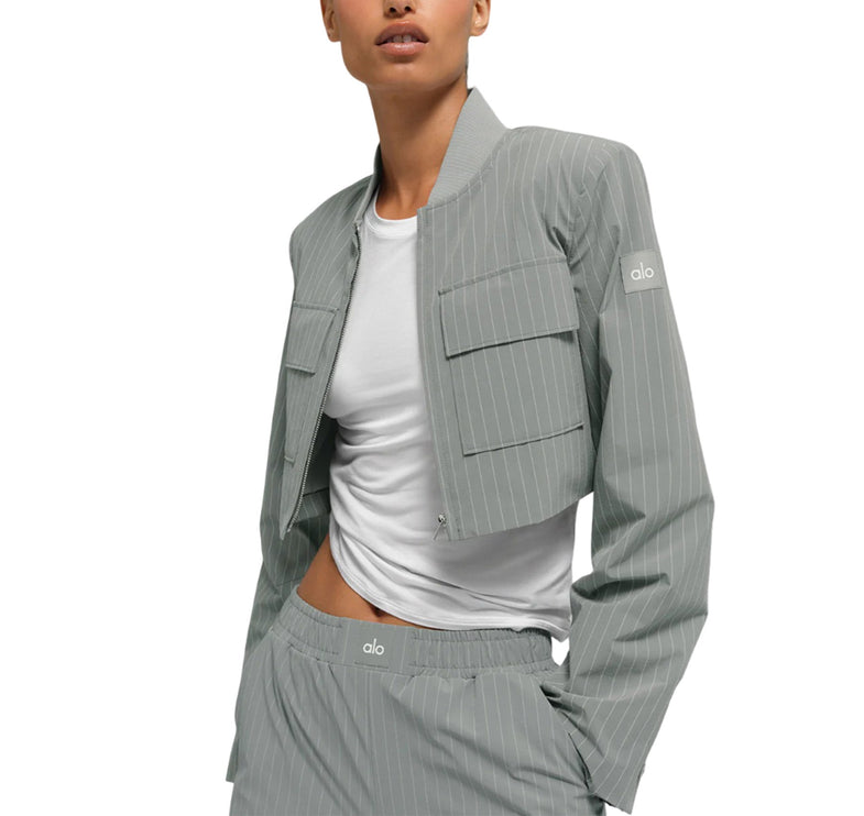 alo Women's Cropped Pinstripe Main Character Full Zip Jacket Lunar Grey/White