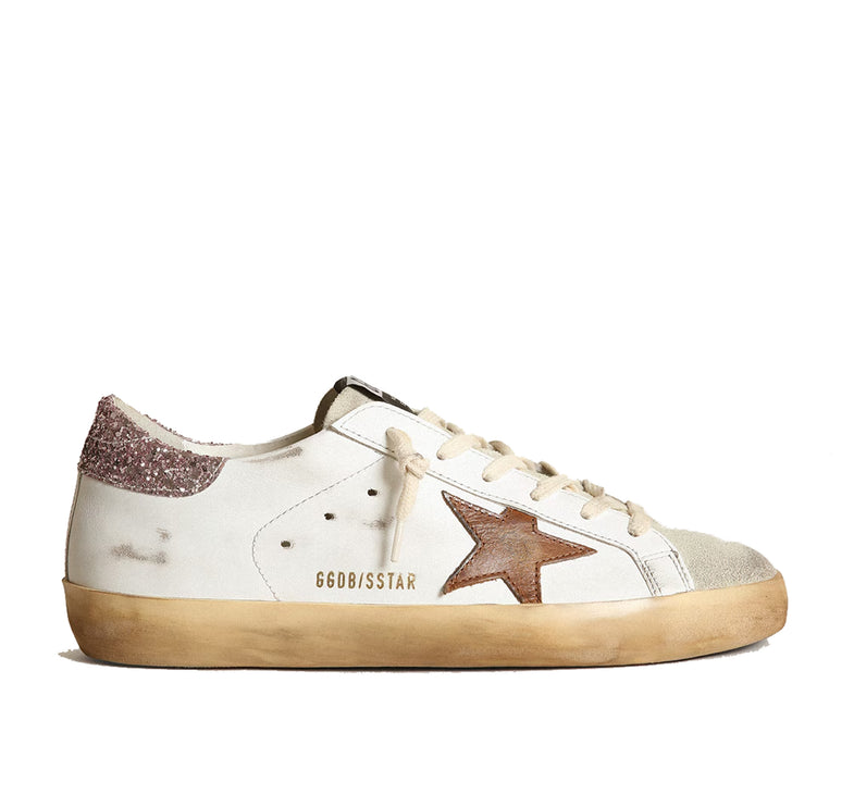 Golden Goose Women's Super Star with a Tan Star and Pink Glitter Heel Tab