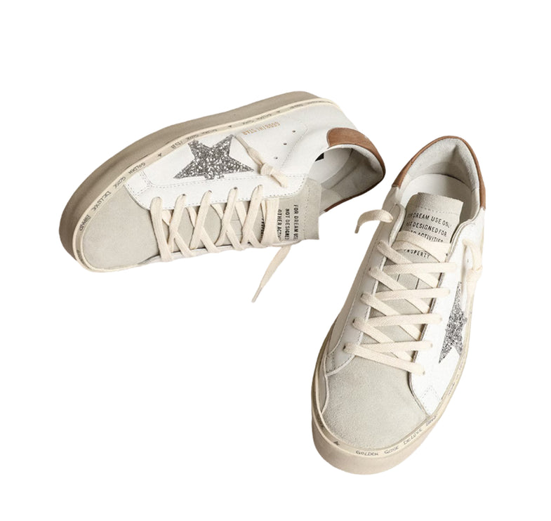 Golden Goose Women's Hi Star with Silver Glitter Star and Dove Gray Nubuck Heel Tab