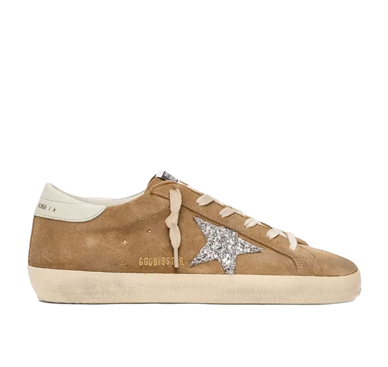 Golden Goose Women's Super-Star in Tobacco Suede with Silver Glitter Star