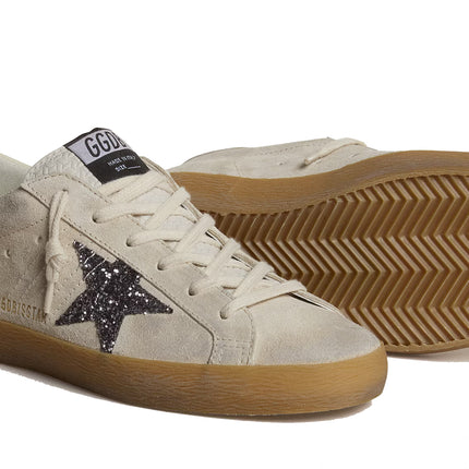 Golden Goose Women's Super Star in Ice Gray Suede with Silver Glitter Star and Leather Heel Tab