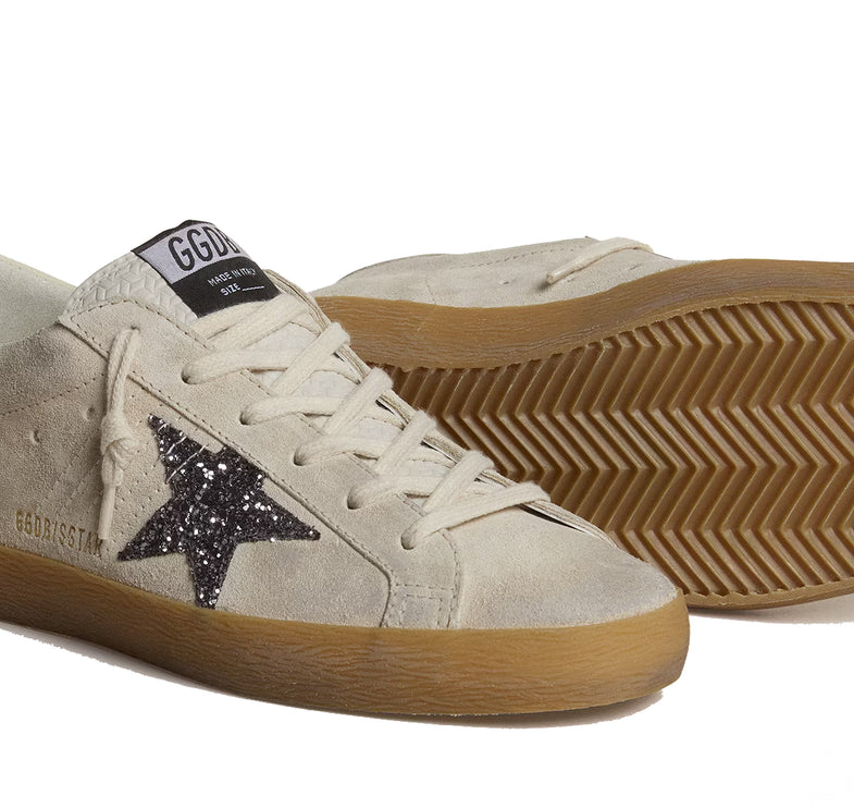 Golden Goose Women's Super Star in Ice Gray Suede with Silver Glitter Star and Leather Heel Tab