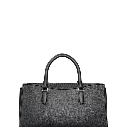 Michael Kors Women's Arden Medium Pebbled Leather and Signature Logo Top-Zip Satchel Bag Black/Silver