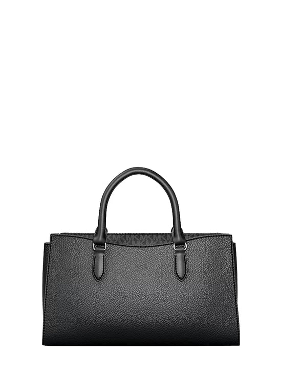 Michael Kors Women's Arden Medium Pebbled Leather and Signature Logo Top-Zip Satchel Bag Black/Silver