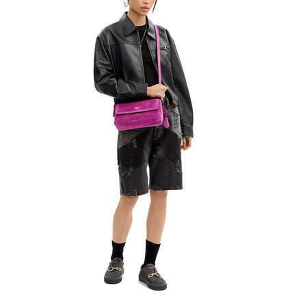 Coach Women's Etta Small Flap Shoulder Bag Suede/Gold/Magenta