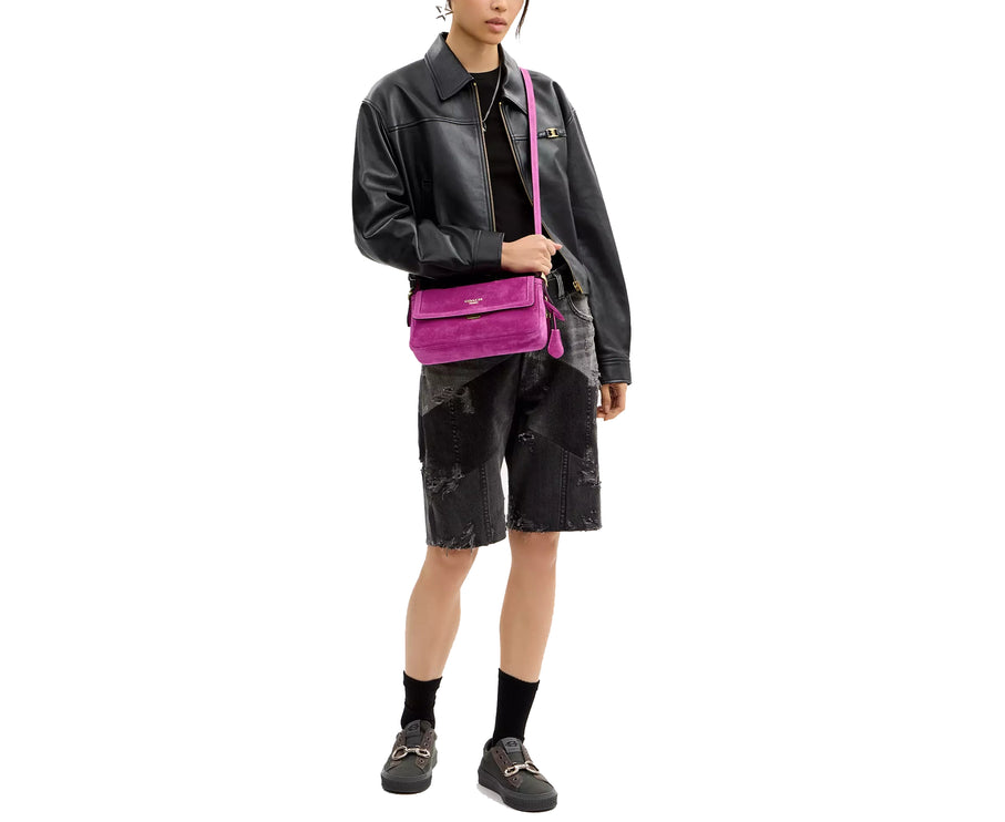 Coach Women's Etta Small Flap Shoulder Bag Suede/Gold/Magenta