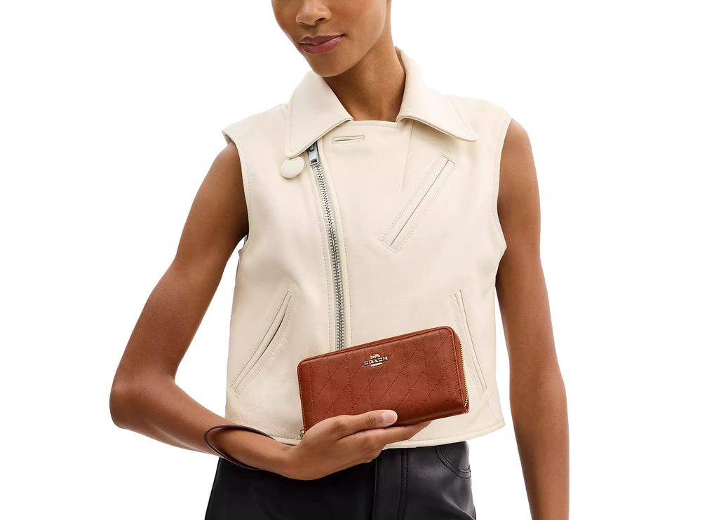 Coach Women's Long Zip Around Wallet With Quilting Gold/Cinnamon