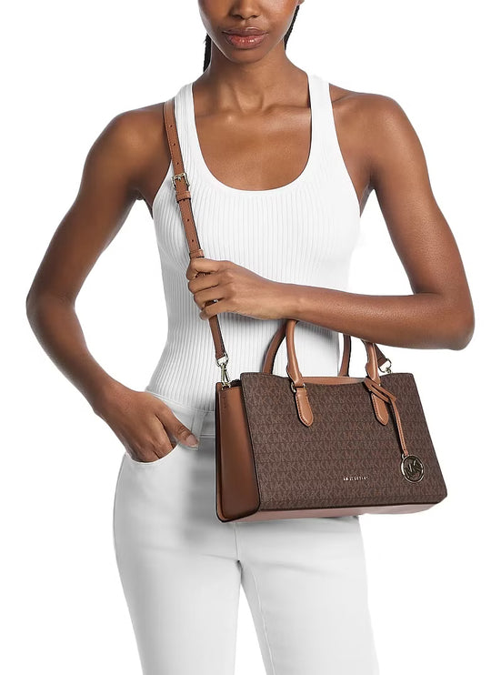 Michael Kors Women's Arden Medium Signature Logo Top-Zip Satchel Bag Brown