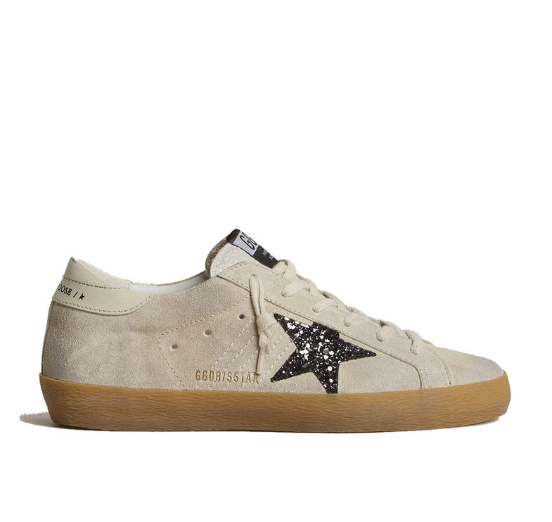 Golden Goose Women's Super Star in Ice Gray Suede with Silver Glitter Star and Leather Heel Tab