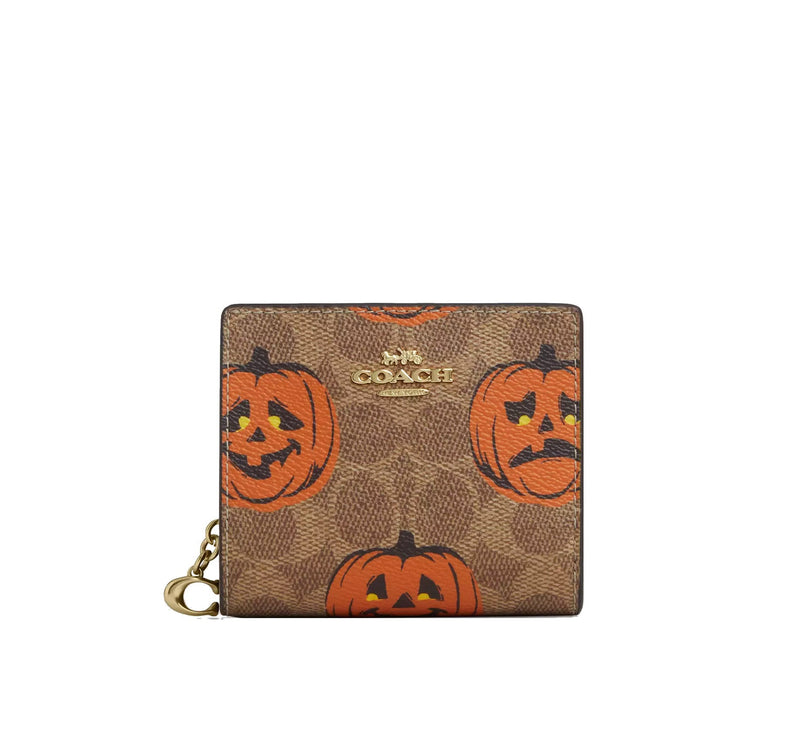 Coach Women's Snap Wallet In Signature Canvas With Halloween Print Gold/Tan Multi