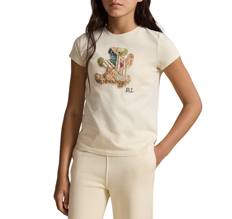 Polo Ralph Lauren Girl's Patchwork Polo Bear Cotton Jersey Tee Guide Cream