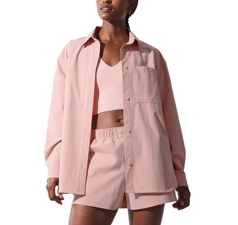 alo Women's Pinstripe Daylight Button Down Long Sleeve Pink Quartz/Ivory