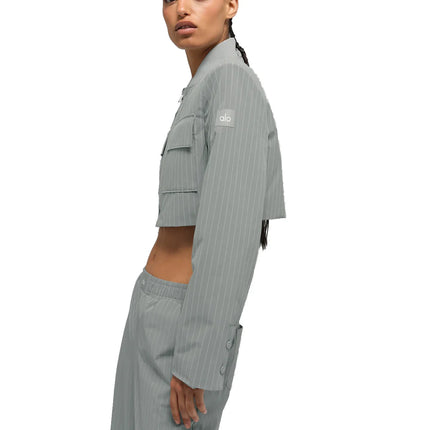 alo Women's Cropped Pinstripe Main Character Full Zip Jacket Lunar Grey/White