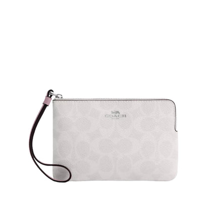 Coach Women's Corner Zip Wristlet In Signature Canvas Silver/Chalk/Carnation