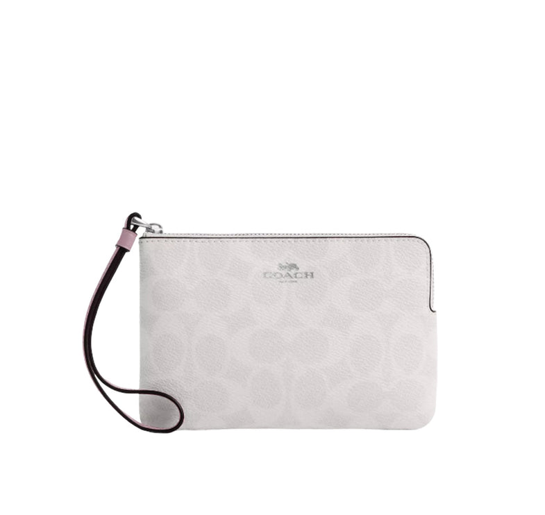 Coach Women's Corner Zip Wristlet In Signature Canvas Silver/Chalk/Carnation