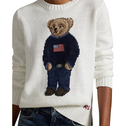 Polo Ralph Lauren Women's Polo Bear Linen-Cotton Crewneck Sweater Deckwash White Multi