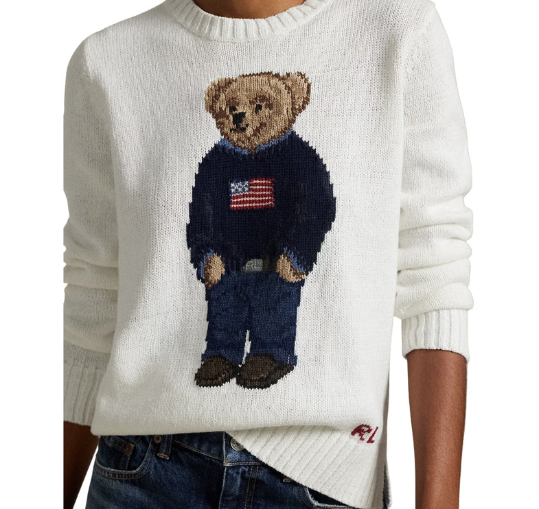 Polo Ralph Lauren Women's Polo Bear Linen-Cotton Crewneck Sweater Deckwash White Multi