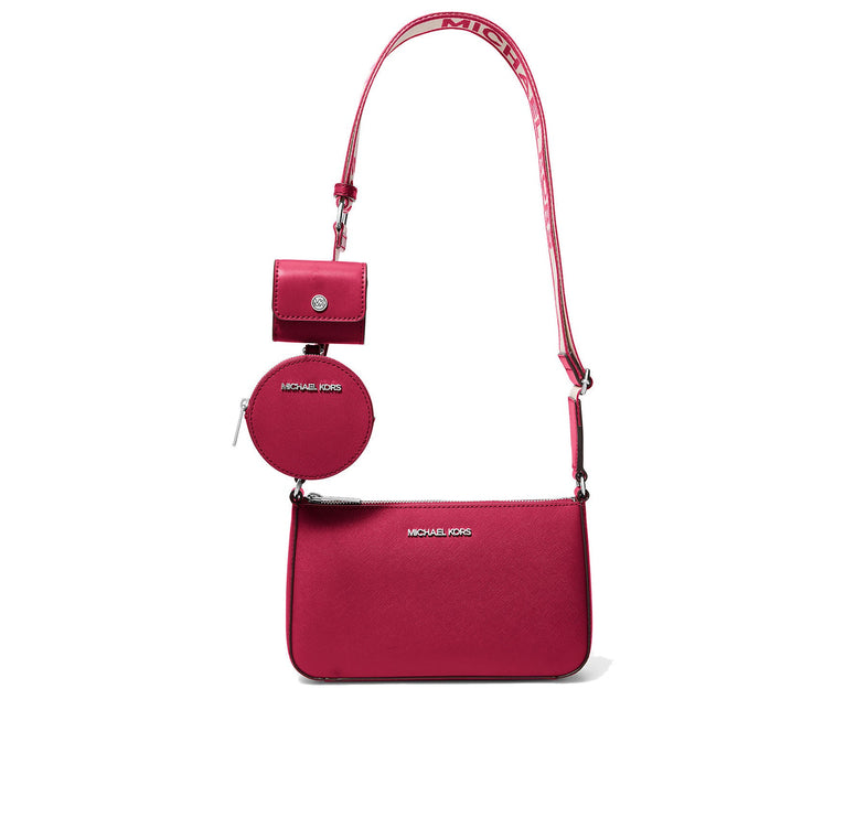 Michael Kors Women's Jet Set Small Saffiano Leather Crossbody Bag with Case for Apple Airpods Pro® Dark Raspberry