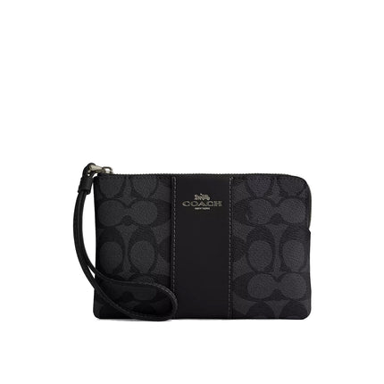 Coach Women's Corner Zip Wristlet In Signature Canvas With Stripe Gunmetal/Charcoal/Black
