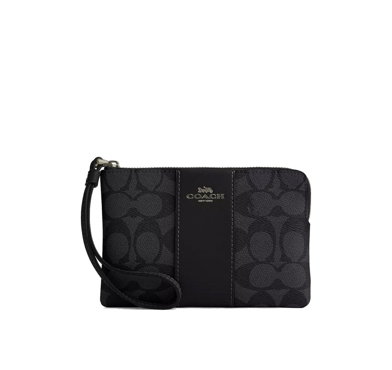 Coach Women's Corner Zip Wristlet In Signature Canvas With Stripe Gunmetal/Charcoal/Black