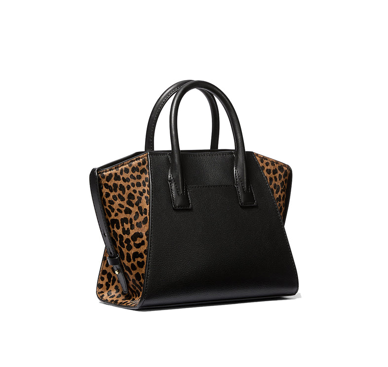 Michael Kors Women's Avril Small Leather and Cheetah Print Calf Hair Satchel Black Combo