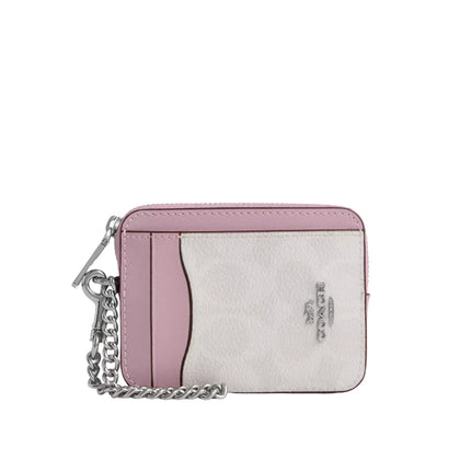 Coach Women's Zip Card Case In Signature Canvas Silver/Chalk/Carnation