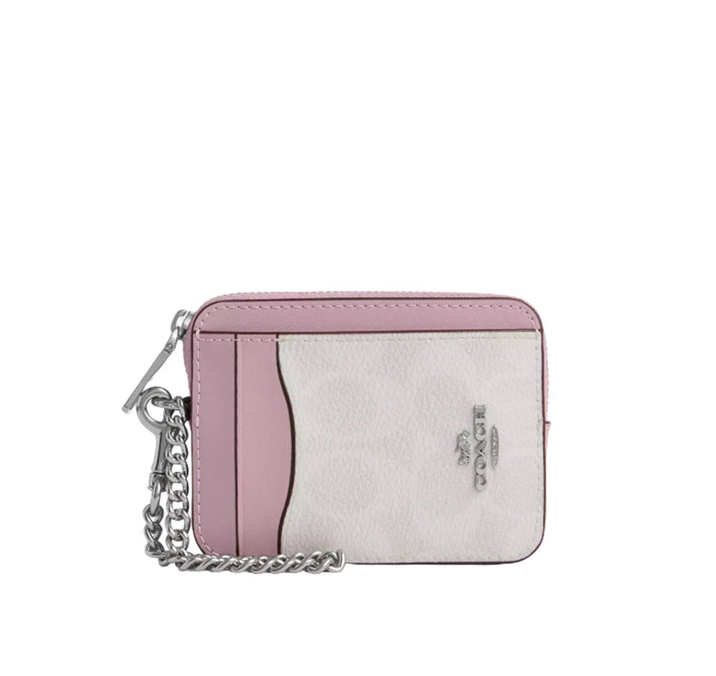 Coach Women's Zip Card Case In Signature Canvas Silver/Chalk/Carnation