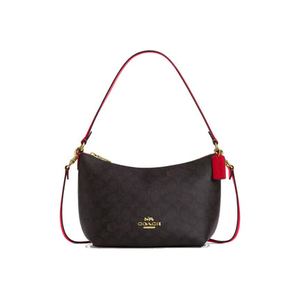 Coach Women's Zip Top Shoulder Bag In Signature Canvas Gold/Walnut/Bold Red