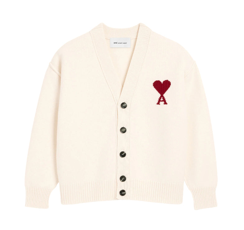 AMI Alexandre Mattiussi Unisex Ami de Coeur Wool Cardigan Off White/Red