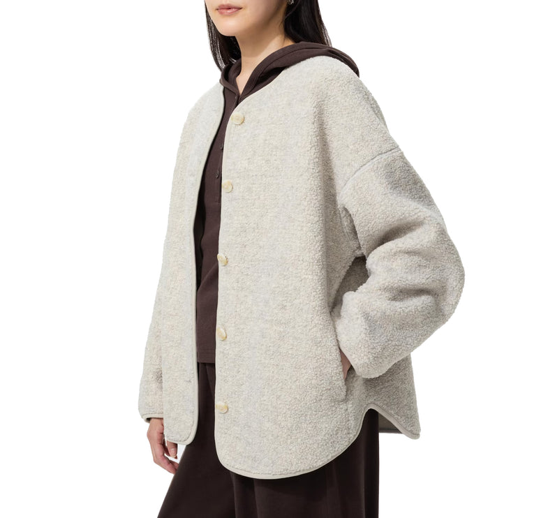 Uniqlo Women's Pile Lined Fleece Relaxed Cardigan 02 Light Gray