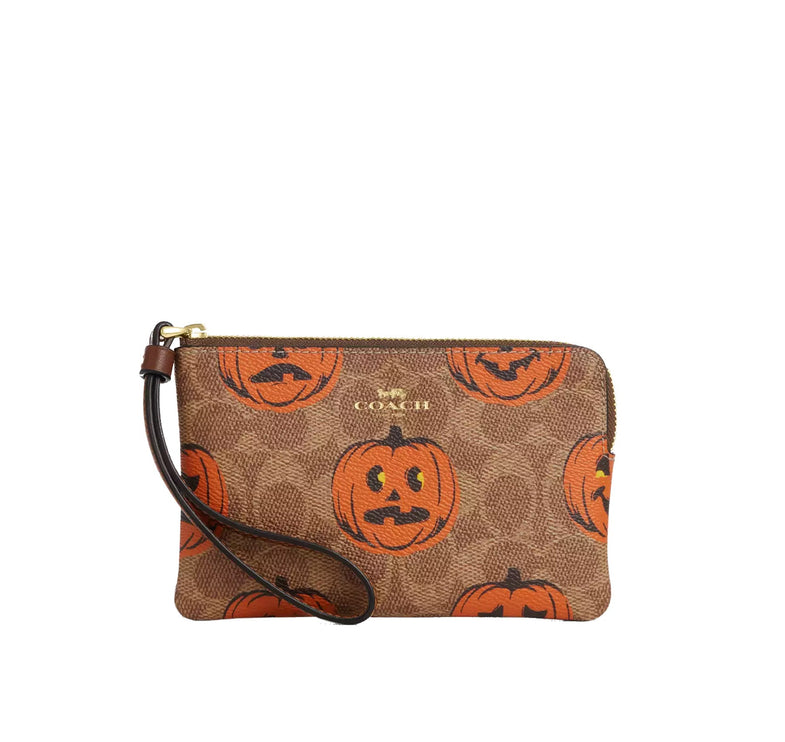 Coach Women's Corner Zip Wristlet In Signature Canvas With Halloween Print Gold/Tan Multi