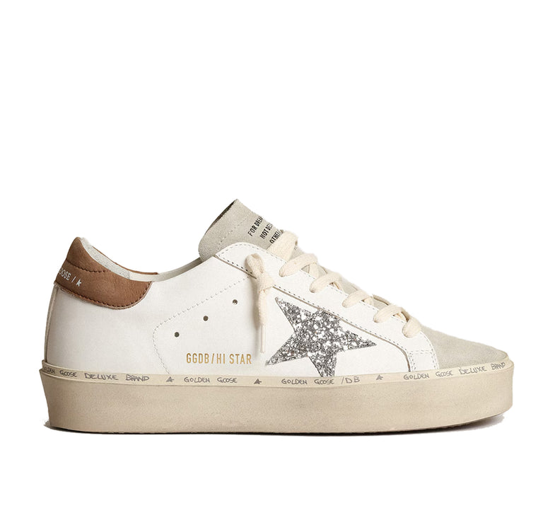 Golden Goose Women's Hi Star with Silver Glitter Star and Dove Gray Nubuck Heel Tab