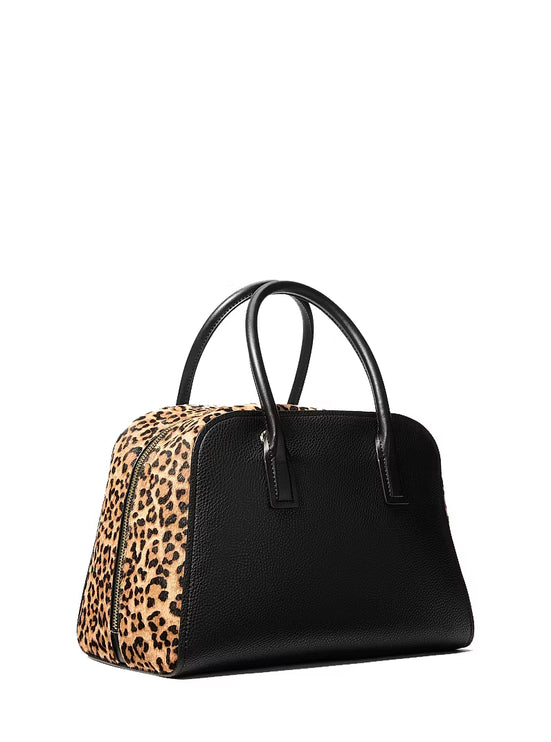 Michael Kors Women's Ashton Medium Leopard Print Calf Hair and Smooth Satchel Bag Camel Multi