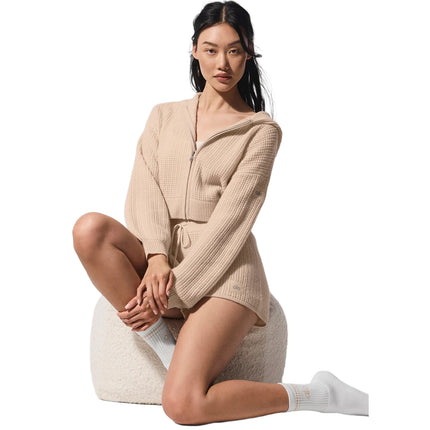 alo Women's Cashmere Plush Waffle Full Zip Hoodie Macadamia Blush