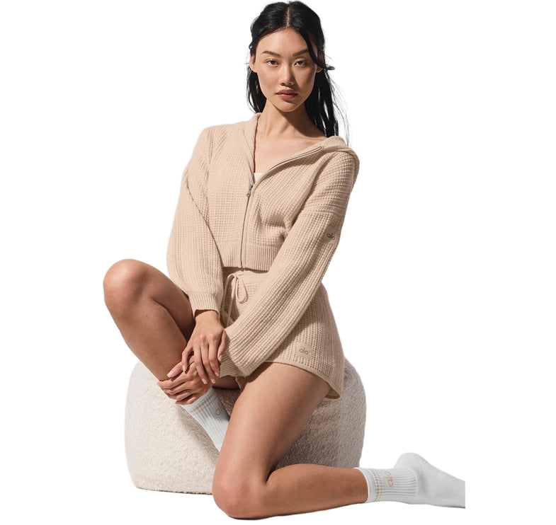 alo Women's Cashmere Plush Waffle Full Zip Hoodie Macadamia Blush