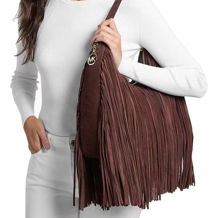 Michael Kors Women's Nayla Medium Fringed Suede Hobo Shoulder Bag Nutmeg