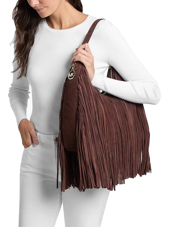 Michael Kors Women's Nayla Medium Fringed Suede Hobo Shoulder Bag Nutmeg
