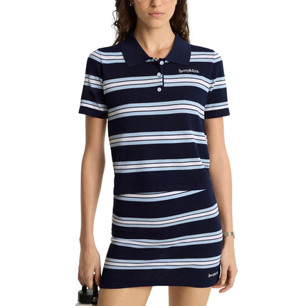 Sporty & Rich Women's Serif Logo Silk Pique Cropped Polo Navy/White/Flax Blue