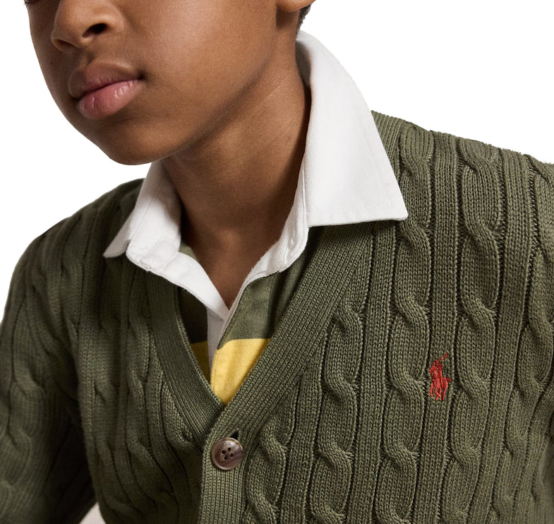 Polo Ralph Lauren Boy's Cable-Knit Cotton V-Neck Cardigan Cruise Olive