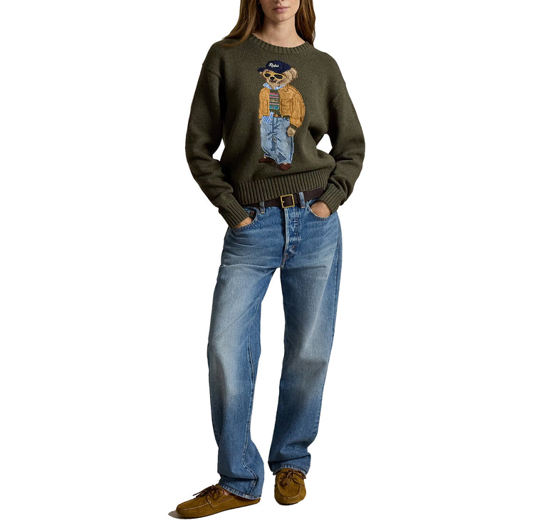 Polo Ralph Lauren Women's Polo Bear Cotton Crewneck Sweater Marled Olive