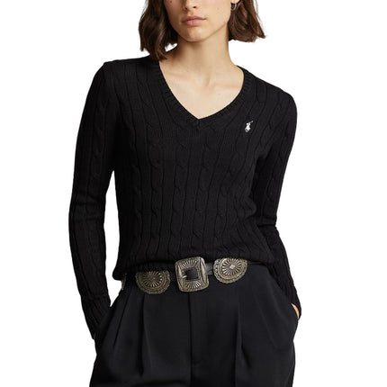Polo Ralph Lauren Women's Cable-Knit Cotton V-Neck Sweater Polo Black/White