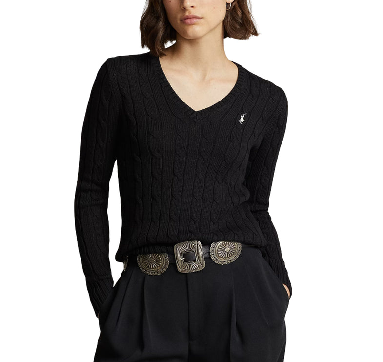 Polo Ralph Lauren Women's Cable-Knit Cotton V-Neck Sweater Polo Black/White