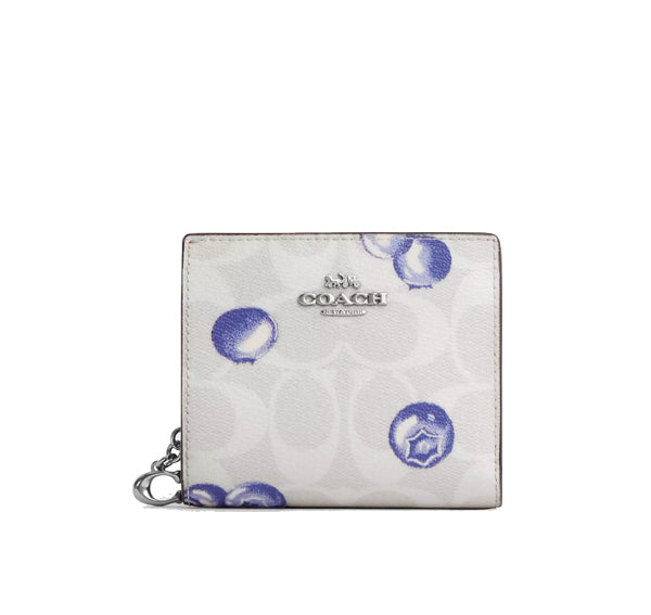 Coach Women's Snap Wallet In Signature Canvas With Blueberry Print Silver/Chalk/Light Violet