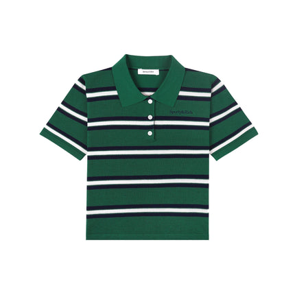 Sporty & Rich Women's Serif Logo Silk Pique Cropped Polo Alpine/White/Navy