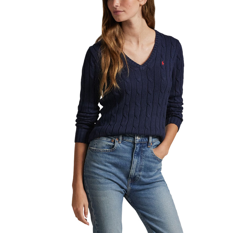 Polo Ralph Lauren Women's Cable-Knit Cotton V-Neck Sweater Hunter Navy