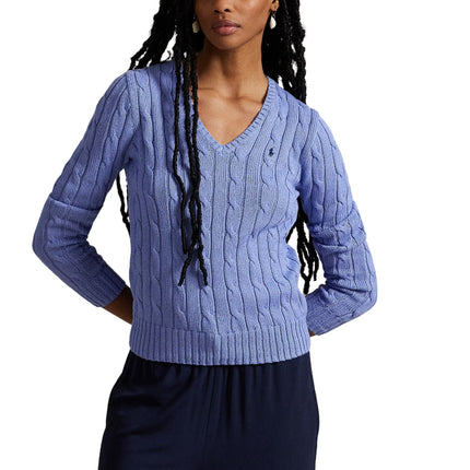 Polo Ralph Lauren Women's Cable-Knit Cotton V-Neck Sweater New Litchfield Blue