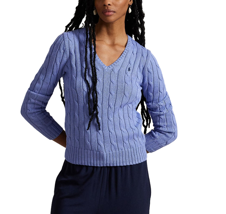 Polo Ralph Lauren Women's Cable-Knit Cotton V-Neck Sweater New Litchfield Blue